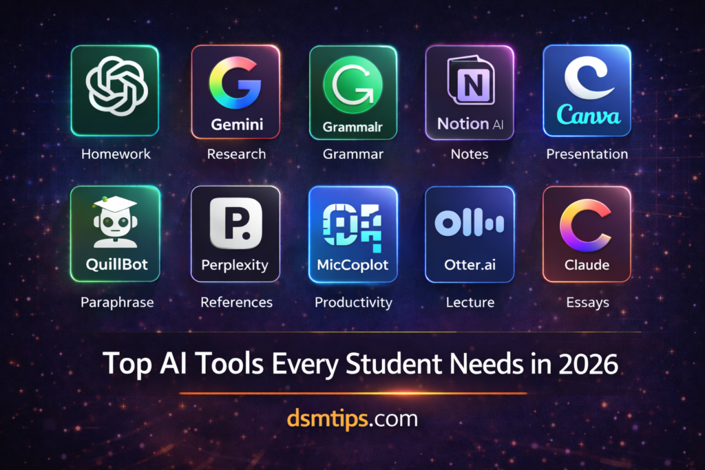 Best AI tools for students in 2026 showing ChatGPT Grammarly 
Notion AI Canva and Gemini - dsmtips.com