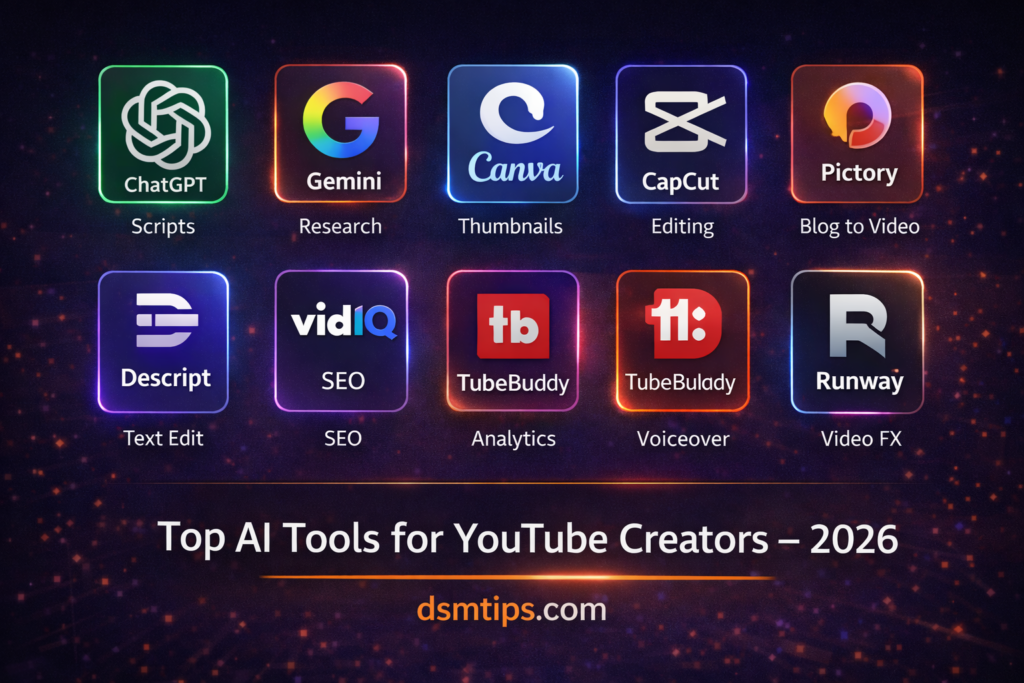 Best AI tools for YouTube creators 2026 showing ChatGPT 
Canva CapCut VidIQ and ElevenLabs logos with YouTube 
dashboard - dsmtips.com