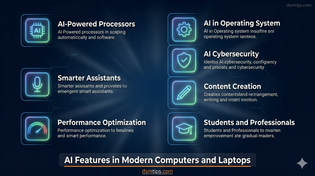 AI in computers and laptops showing sleek modern 
laptop with futuristic AI interface neural network 
patterns and glowing feature icons for processors 
security assistants and performance - dsmtips.com