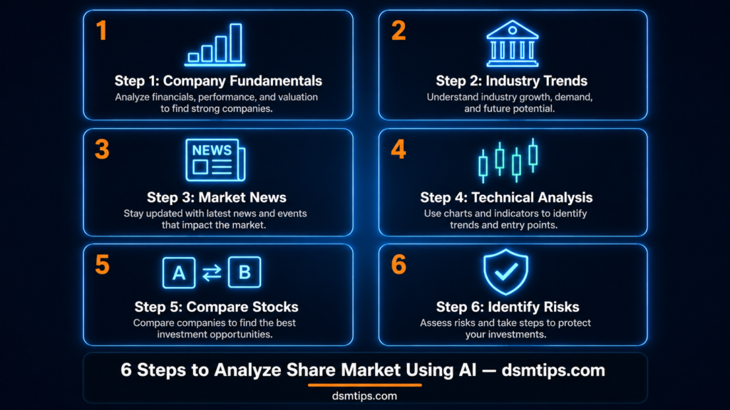How to analyze share market using AI in 2026 
showing laptop with stock market dashboard 
candlestick charts AI brain icon and six 
analysis feature icons glowing in neon blue 
- dsmtips.com